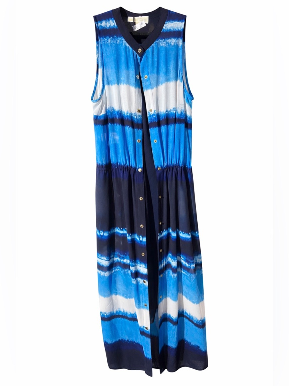 Michael KORS Sleeveless Blue Striped Maxi Dress - Modern Tie-Dye Stripe